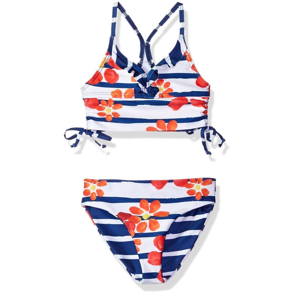 Jantzen Girls Nautical Cinched Bikini 2 Piece Floral Stripe Size 14